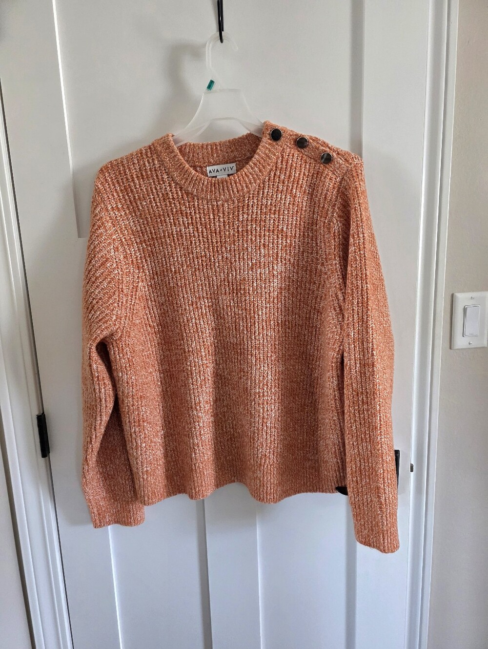 Ava & Viv Coral Orange Button-Shoulder Ribbed Crewneck Knit Sweater